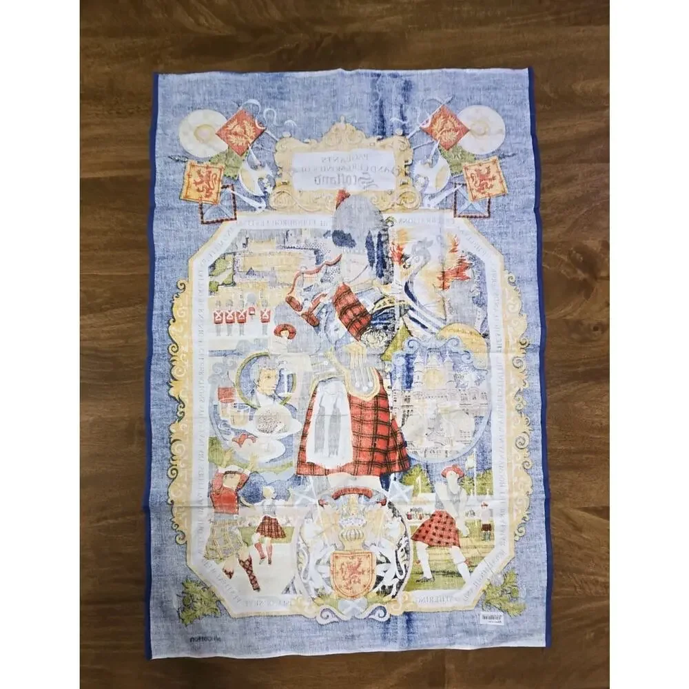 Vintage 100% Cotton Tea Towel Scotland Pageants and Ceremonies Kilts Tartans